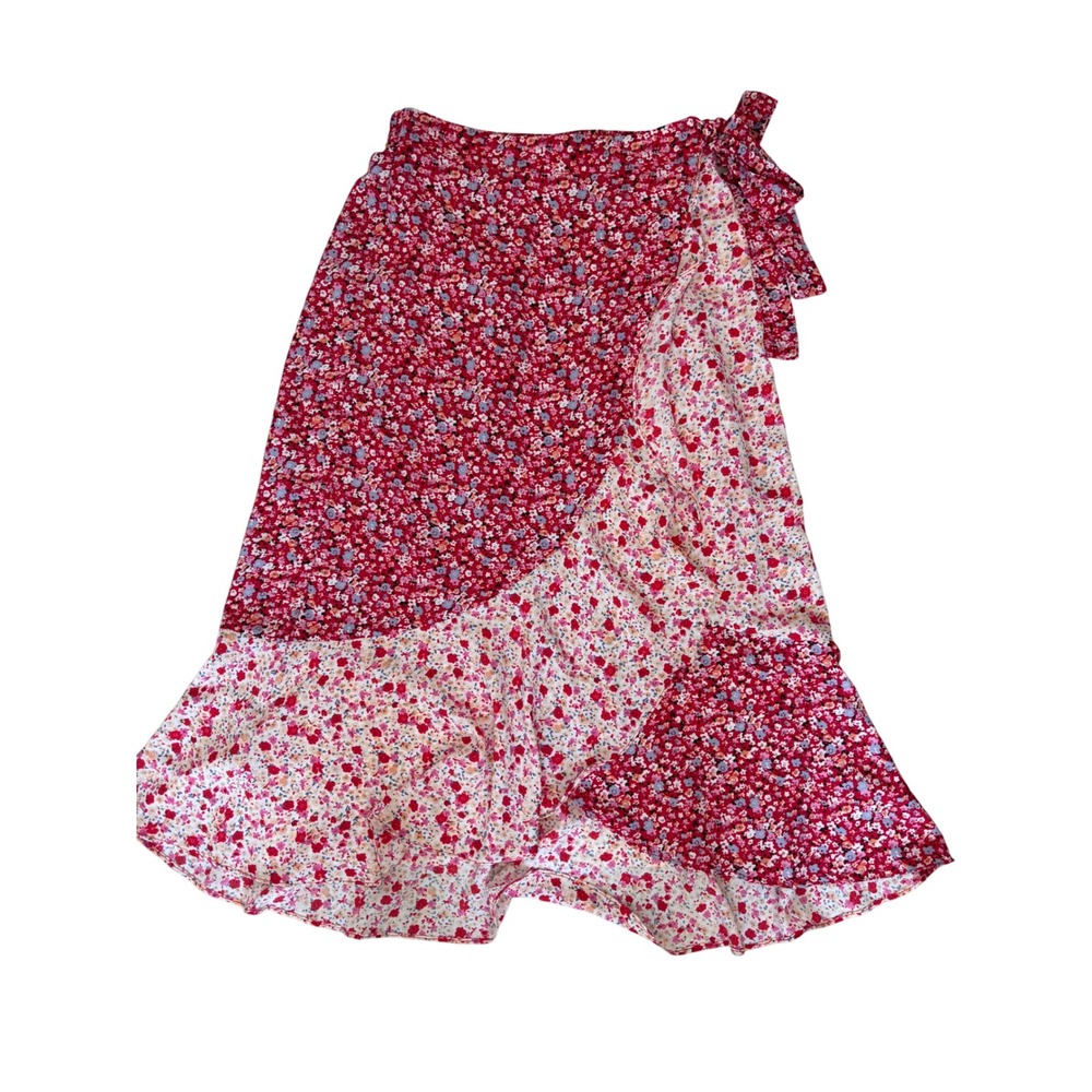 Skies Are Blue Floral Print Wrap Skirt Ruffle‎ Hem Lightweight Casual S